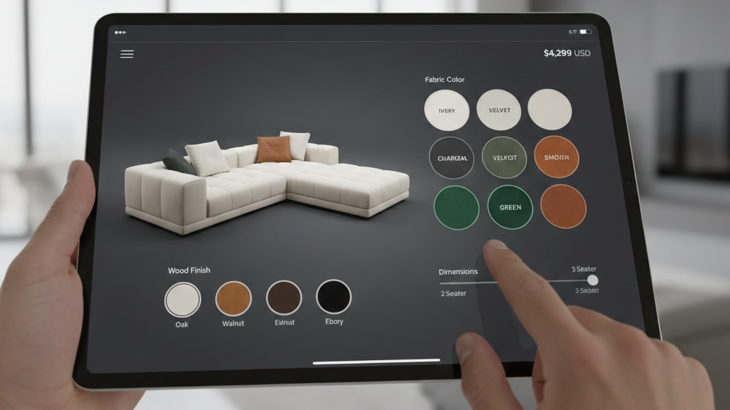 3D interactive product configurator interface showing a luxury modular sofa. Interface displays real-time visualization with options to change wood finish, fabric color, and dimensions. Customer using a tablet to customize their furniture with smooth animations showing different configurations. Modern UX/UI design, luxury furniture e-commerce, interactive technology showcase, realistic rendering.