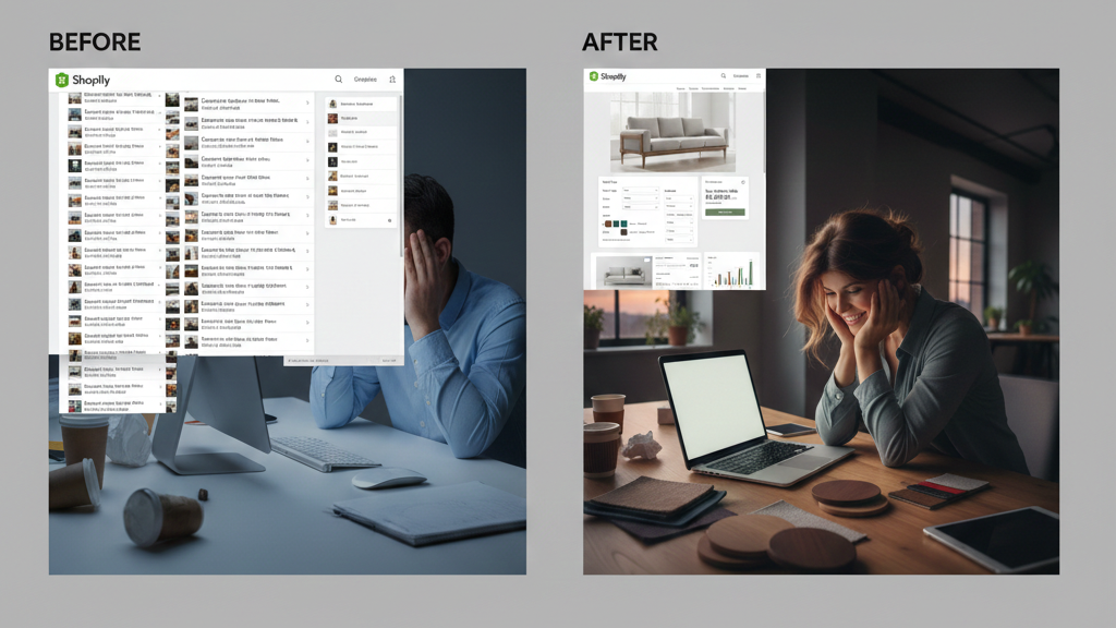 Before and after comparison. BEFORE: cluttered Shopify product catalog showing 150+ separate product listings for the same furniture piece in different configurations, merchant looking overwhelmed. AFTER: single clean product page with an elegant configurator showing all options in dropdown menus, happy merchant reviewing analytics. Split screen design, photorealistic style, business success story aesthetic.