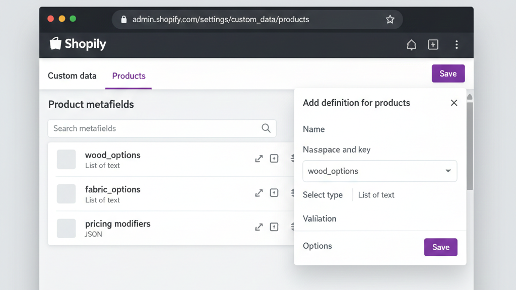 Screenshot mockup of Shopify admin interface showing the Custom Data settings page with product metafields being configured. Show fields for 'wood_options', 'fabric_options', and 'pricing_modifiers'. Clean Shopify admin UI style, purple and white interface, realistic browser window, professional software screenshot aesthetic.