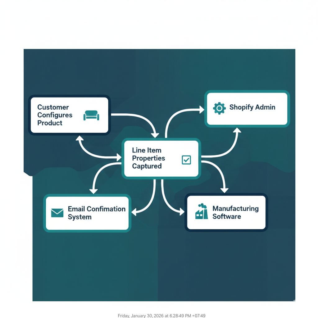 Flowchart diagram showing the order processing workflow. Start with 'Customer Configures Product' flowing to 'Line Item Properties Captured', then branching to 'Shopify Admin', 'Email Confirmation', 'Fulfillment System', and 'Manufacturing Software'. Modern infographic style with icons, arrows, and connected nodes. Professional business process diagram, teal and navy color scheme.