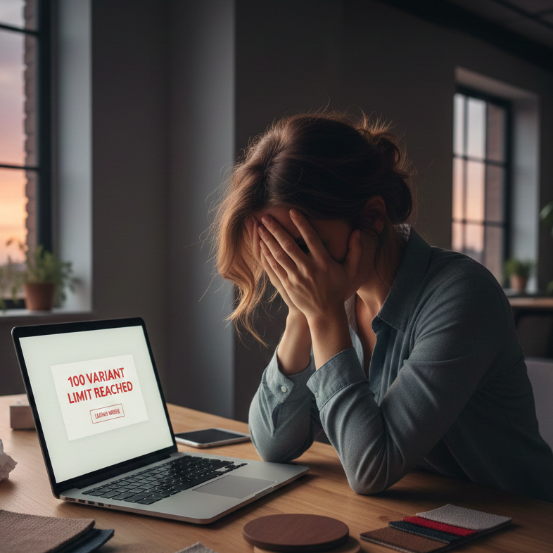 A frustrated Shopify owner looks down after seeing an error on her screen: 100 variants limit reached for a Shopify product