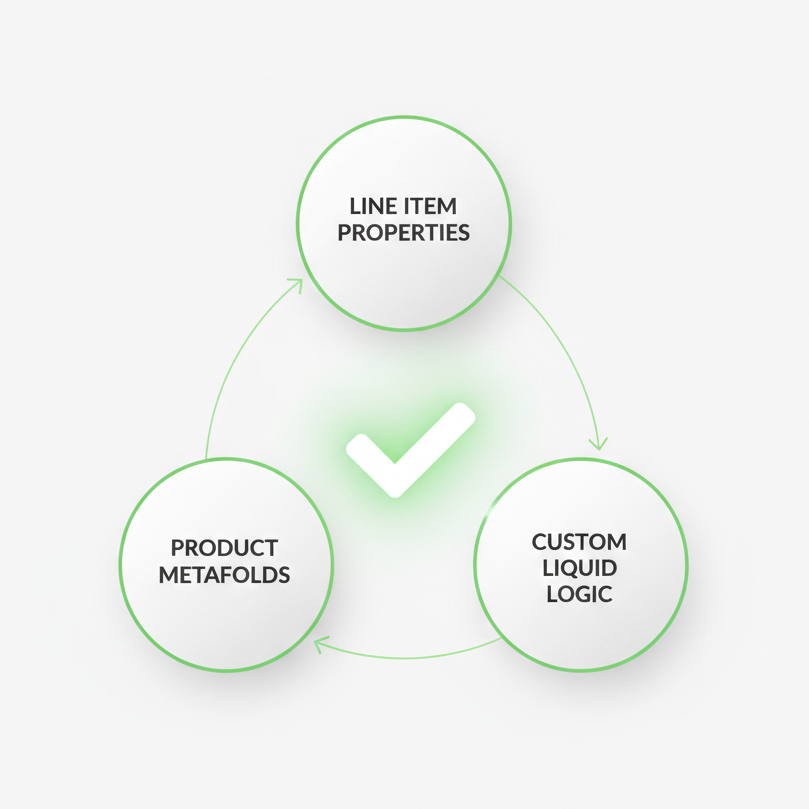 Infographic-style diagram showing three connected circles labeled 'Line Item Properties', 'Product Metafields', and 'Custom Liquid Logic' with arrows connecting them. In the center, a glowing checkmark symbol. Clean, modern design with Shopify's green color palette, professional tech infographic style, white background.