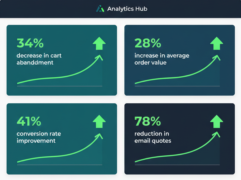 Business metrics dashboard showing upward trending graphs and statistics. Key metrics displayed: '34% decrease in cart abandonment', '28% increase in average order value', '41% conversion rate improvement', '78% reduction in email quotes'. Modern analytics dashboard design, green upward arrows, success metrics, professional business intelligence visualization, clean data presentation.