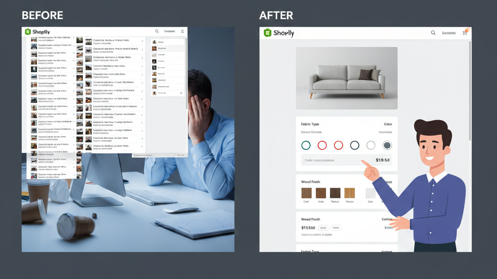 Split-screen comparison image. Left side: a messy, chaotic Shopify product catalog with dozens of duplicate product listings, overwhelmed merchant scrolling through endless pages. Right side: a clean, organized product page with an elegant configurator interface showing multiple customization options. Modern UI design, contrast between chaos and order, web design aesthetic.