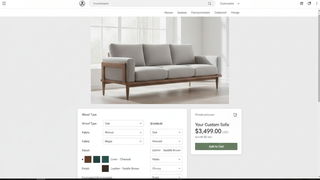 Modern e-commerce product page showing a custom furniture configurator interface. Multiple dropdown menus for selecting wood type, fabric, and finishes. A dynamic price display that updates in real-time. Clean, minimalist design with a luxury furniture aesthetic. Include a preview image of a sofa. Professional web design, high-end e-commerce interface, desktop view.