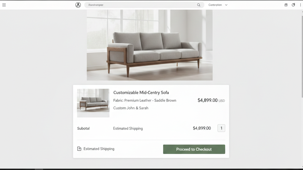 Shopping cart page mockup showing customized product details. A cart item displaying line item properties like 'Wood Type: Walnut', 'Fabric: Premium Leather', 'Custom Engraving: John & Sarah'. Clean e-commerce cart interface, organized layout, professional Shopify theme design, desktop view with item thumbnail.