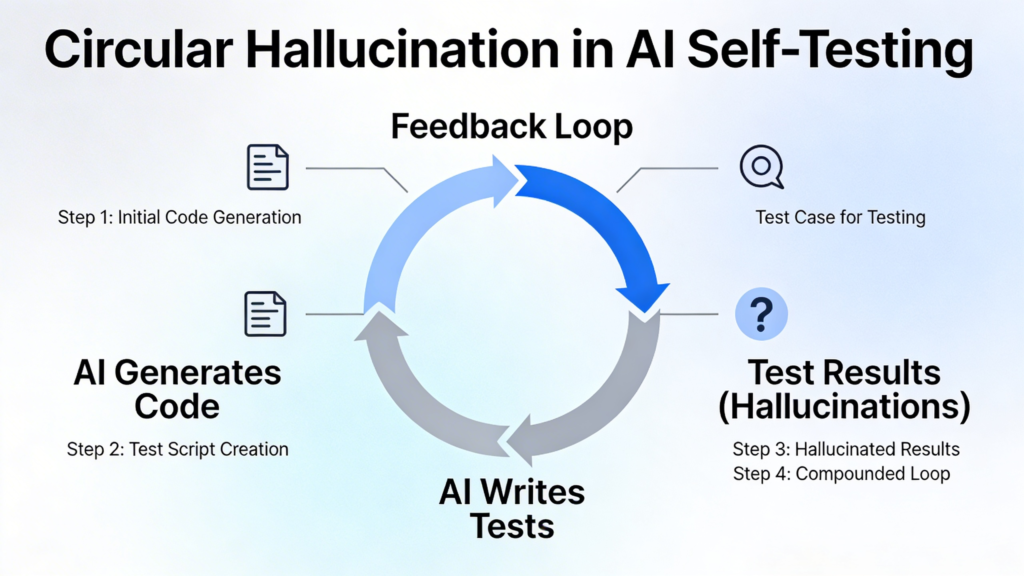 Circular hallucination in AI augmented coding where AI is instructed to write its own tests and code, which leads to more and more hallucinations.