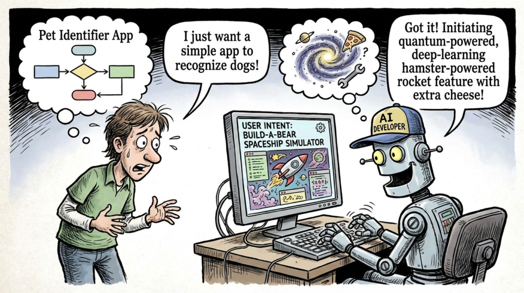 A cartoon image of a human giving simple instructions to an AI developer who hallucinates the intentions and writes completely unrelated code.
