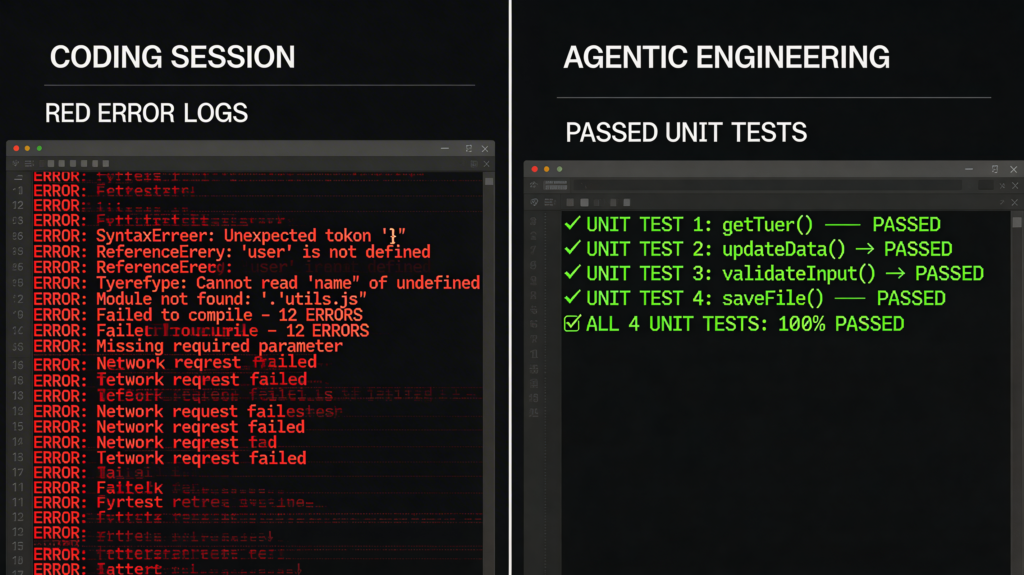 Vibe coding session showing red error logs on the left vs agentic engineering using test driven development (TDD) on the right