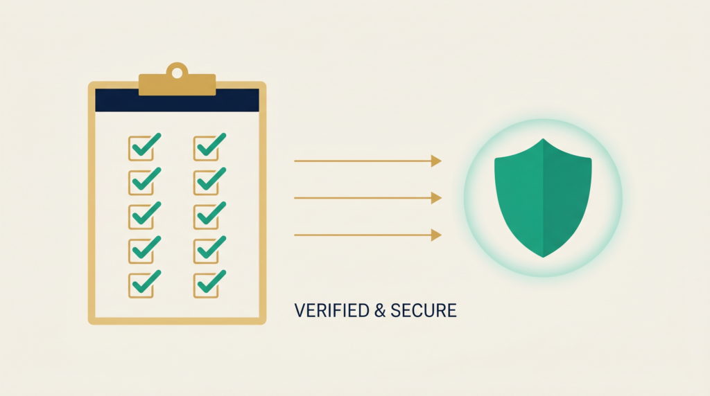 Completed vibe coding security checklist with all 12 audit items verified for secure AI generated web application deployment