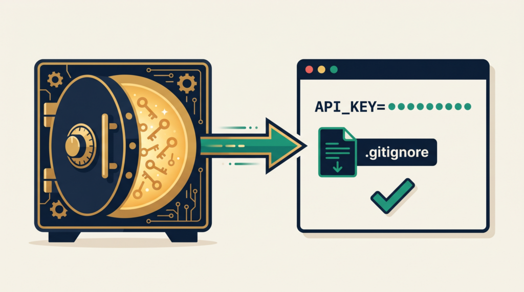 Hardcoded secrets and API key management diagram for AI generated code showing environment variables and gitignore configuration to prevent credential leaks