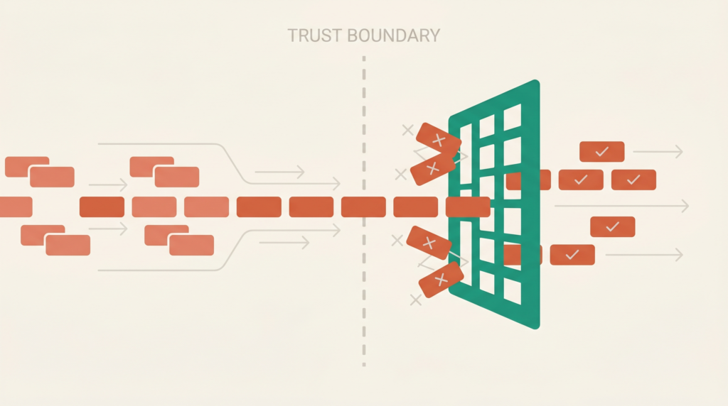 Trust boundary diagram showing input validation and data sanitization for preventing SQL injection and XSS attacks in AI generated web applications