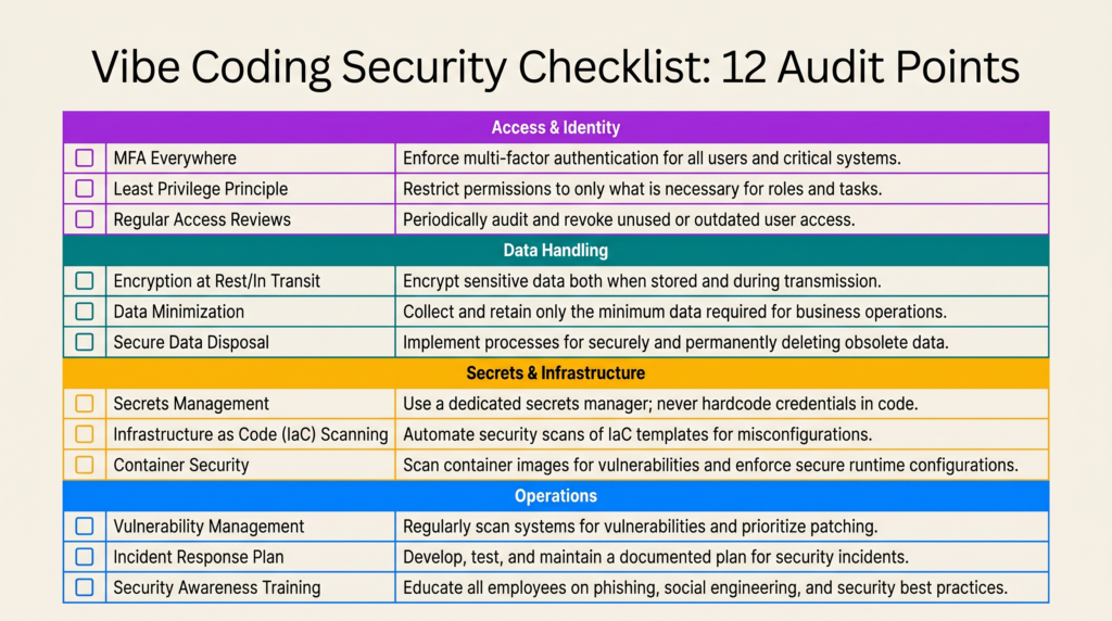 Vibe coding security checklist with 12 verification points covering authorization, input validation, secrets management, and operational security for AI generated code in web applications